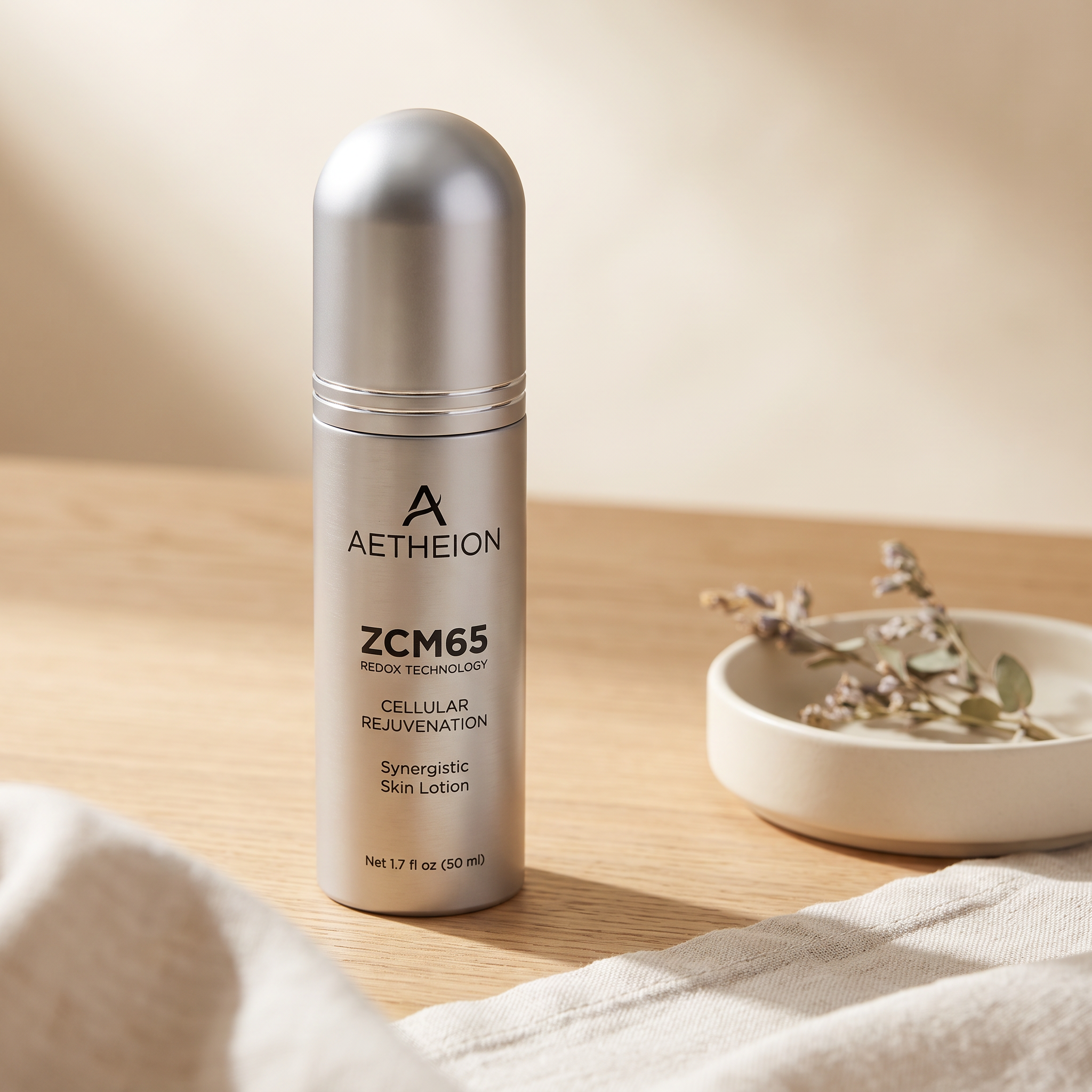 AETHEION ZCM65 Synergistic Lotion bottle detail shot showing the silver airless pump dispenser in a daily skincare ritual setting